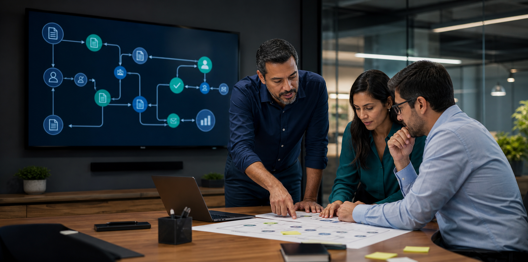 Equipe mapeando processos e oportunidades de automação com inteligência artificial