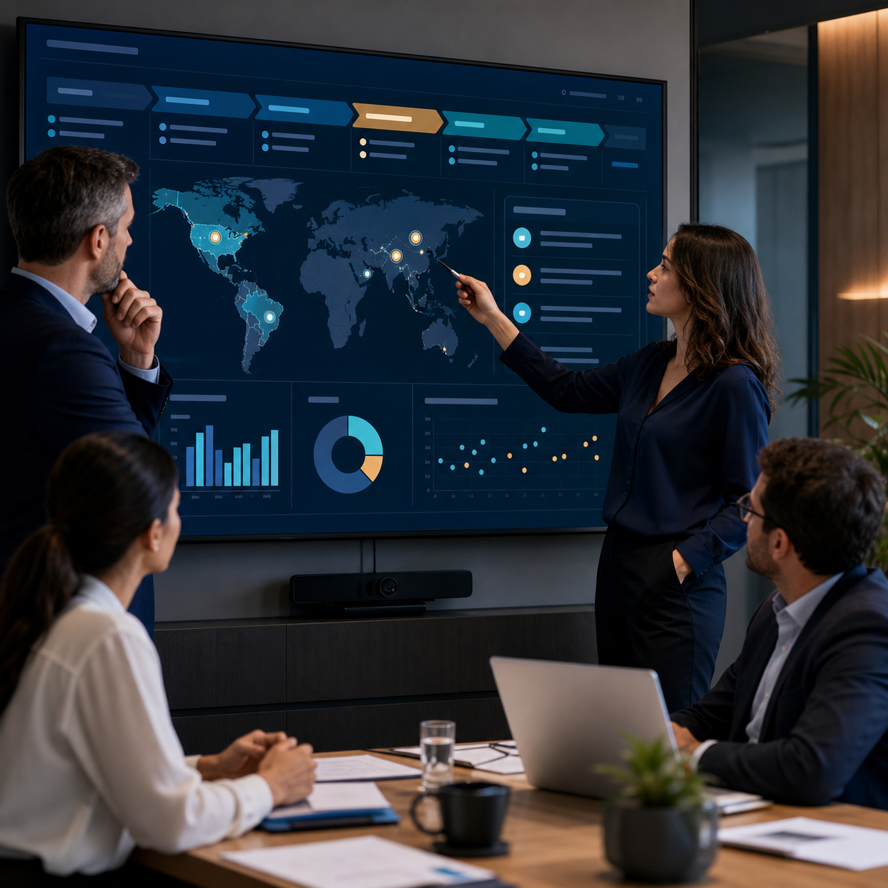 Equipe analisando oportunidades comerciais com apoio de inteligência artificial